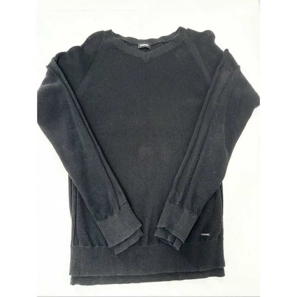 Diesel Men’s Knit Cotton Black Vneck Sweater Metal Logo Size M